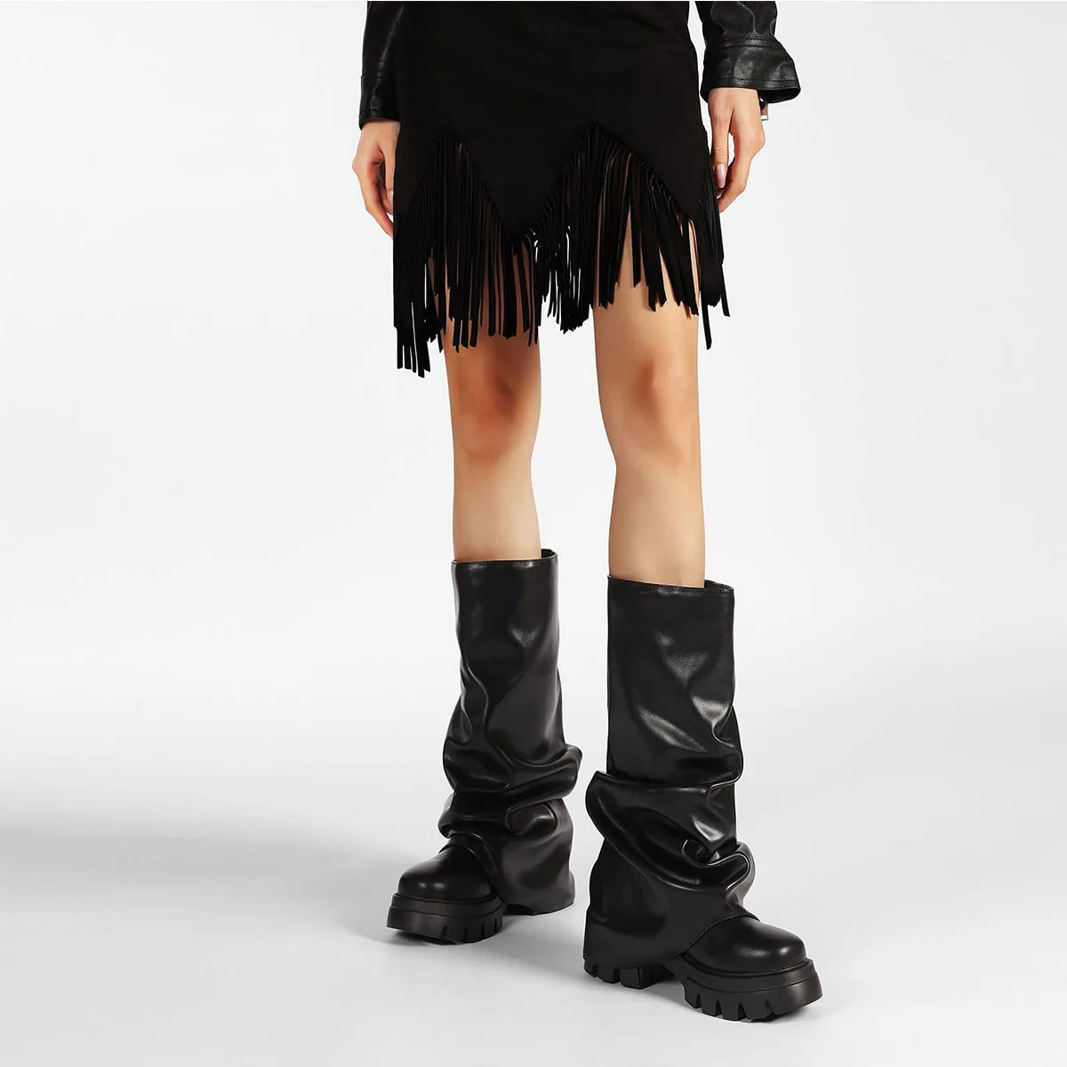 Punk Gothic Women Fold Over Boots Metallic Platform Mid Calf Chunky High Heel Motorcycle Trendy Cool Fashion Combat Boots