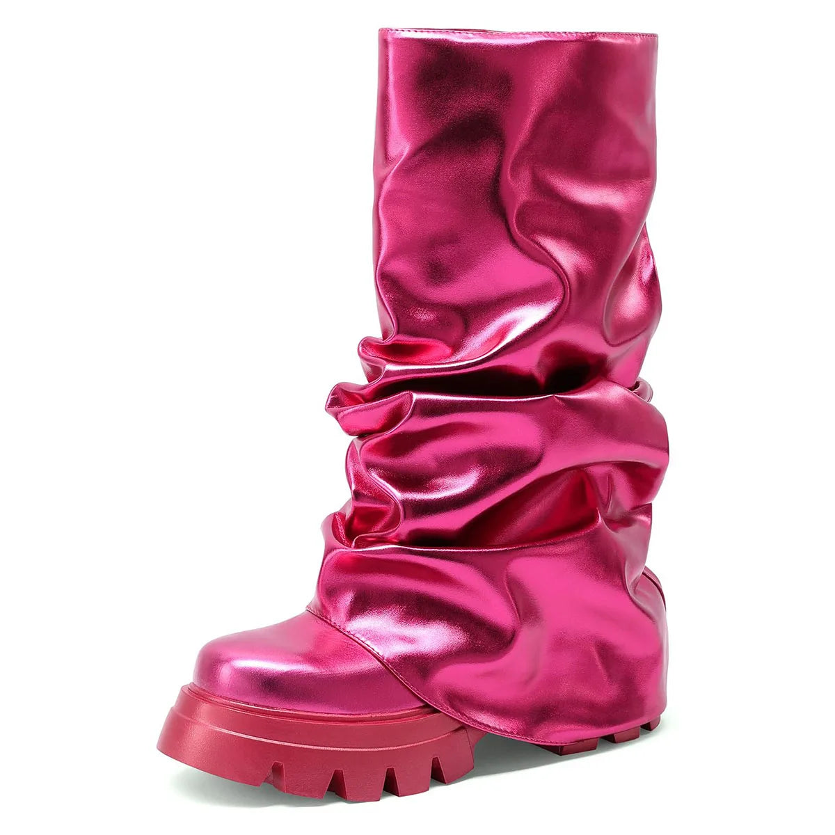 Punk Gothic Women Fold Over Boots Metallic Platform Mid Calf Chunky High Heel Motorcycle Trendy Cool Fashion Combat Boots