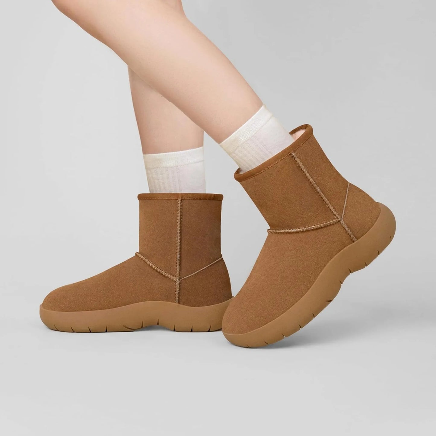Women's Genuine Suede Ankle Boots Winter Warm Fur Lined Slip On Anti-Slip Short Snow Boots