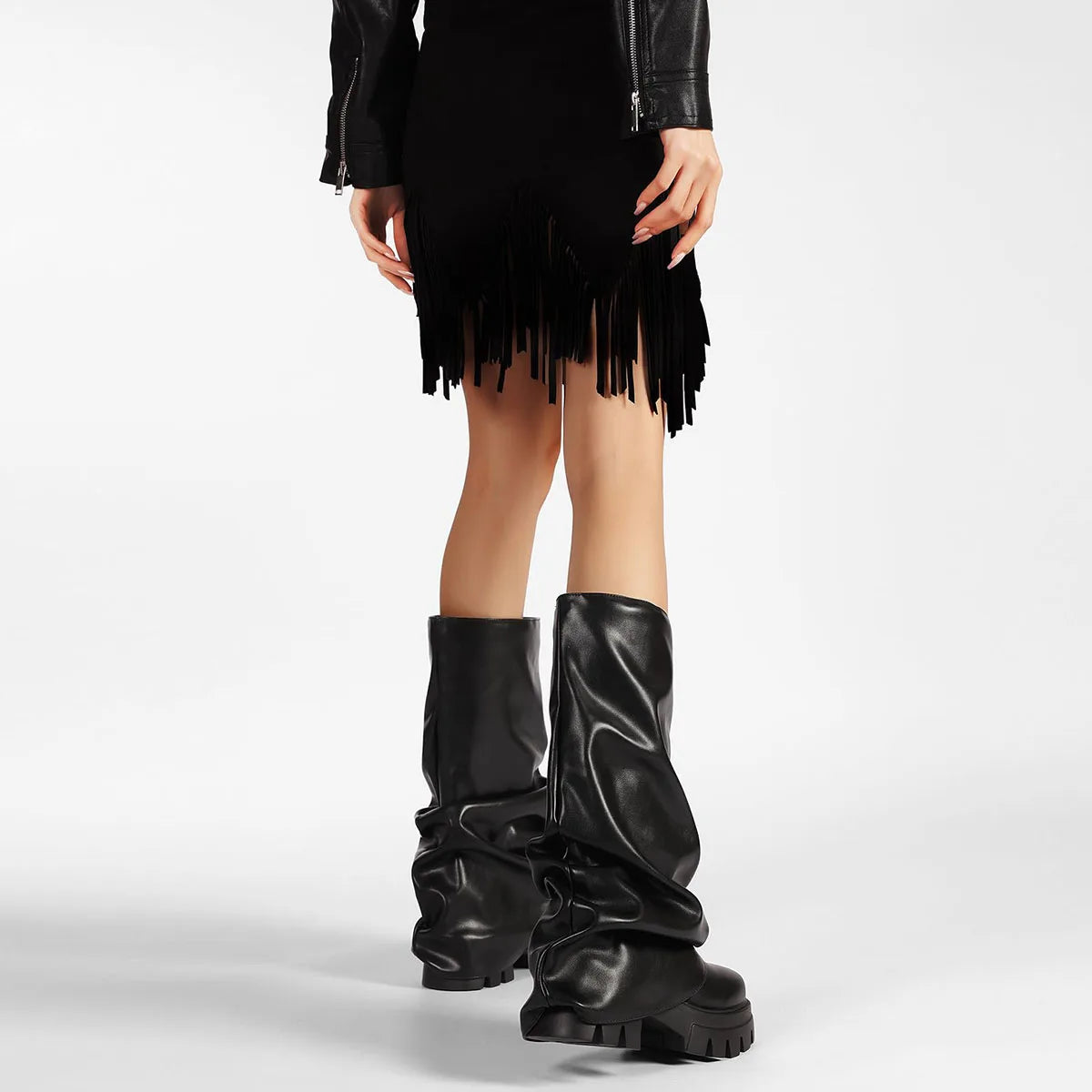 Punk Gothic Women Fold Over Boots Metallic Platform Mid Calf Chunky High Heel Motorcycle Trendy Cool Fashion Combat Boots