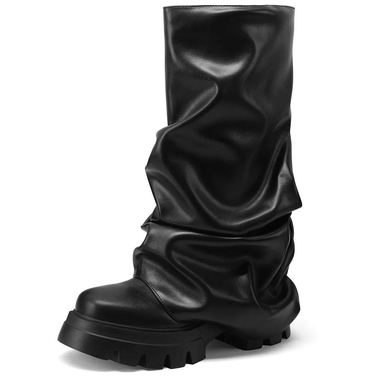 Punk Gothic Women Fold Over Boots Metallic Platform Mid Calf Chunky High Heel Motorcycle Trendy Cool Fashion Combat Boots