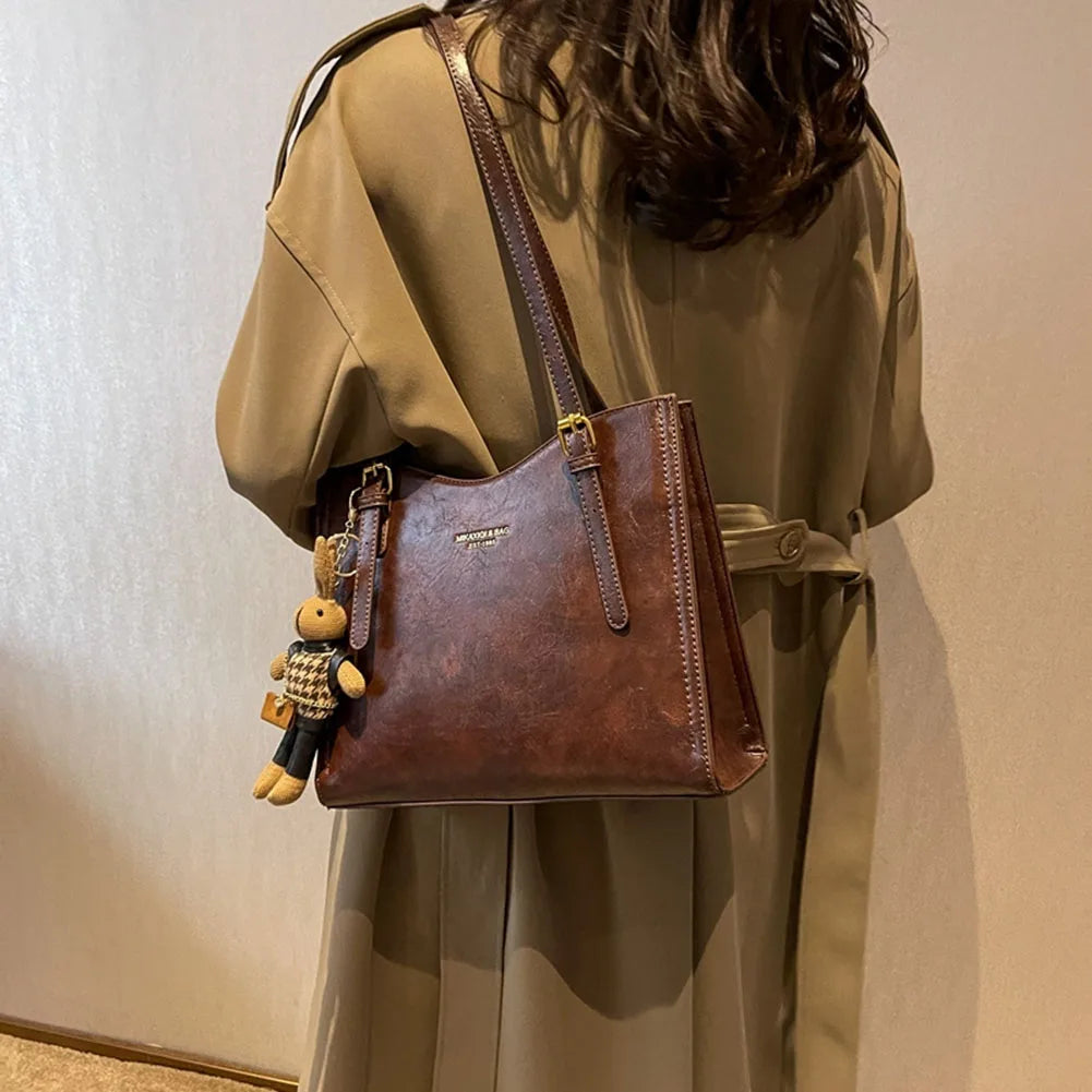 Women Retro Tote Handbag PU Leather Slouchy Tote Purse Large Capacity Fashion Shoulder Bag Ladies Travel Handbag
