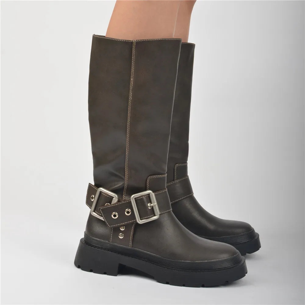 Classic Woman Winter Long Boots with Buckle Strap Fashion Knight Mid-calf Women Boots Soft Leather Non-slip Booties Shoes