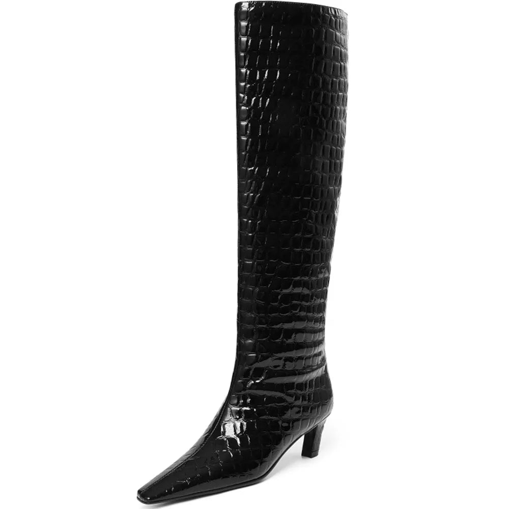 Sexy Women's Over Knee High Boots Black Square Toe Kitten Heel Knee High Boots Luxury Nightclub Boots Women