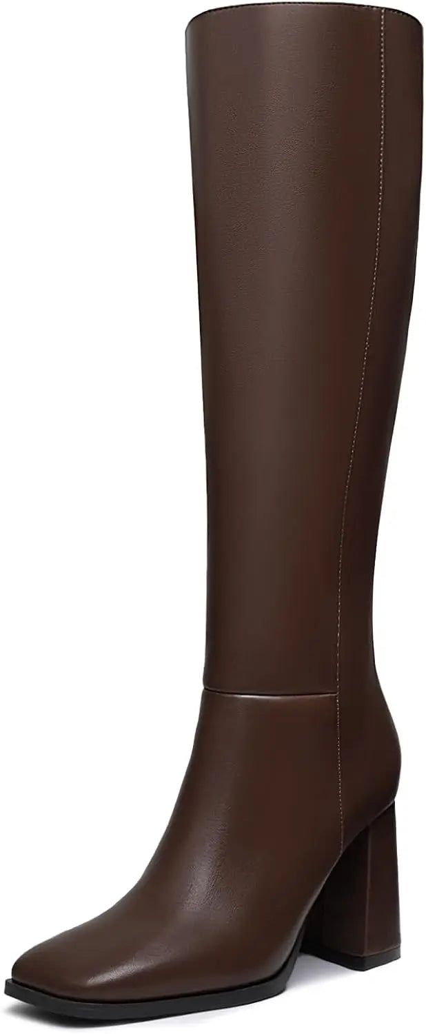 Women's Knee High Boots Fashion Chunky Heel Square Toe Tall Boots Side Zipper Long Boots