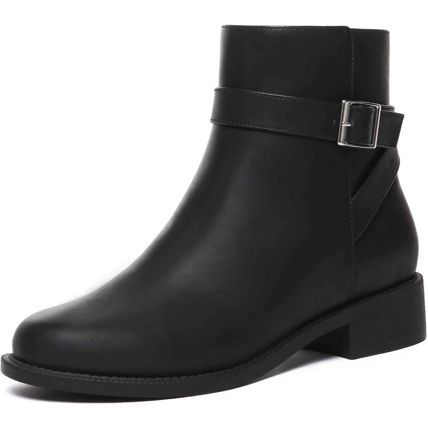 Women's Ankle Boots Chunky Low Heel Fashion Round Toe Side Zipper Buckle Booties