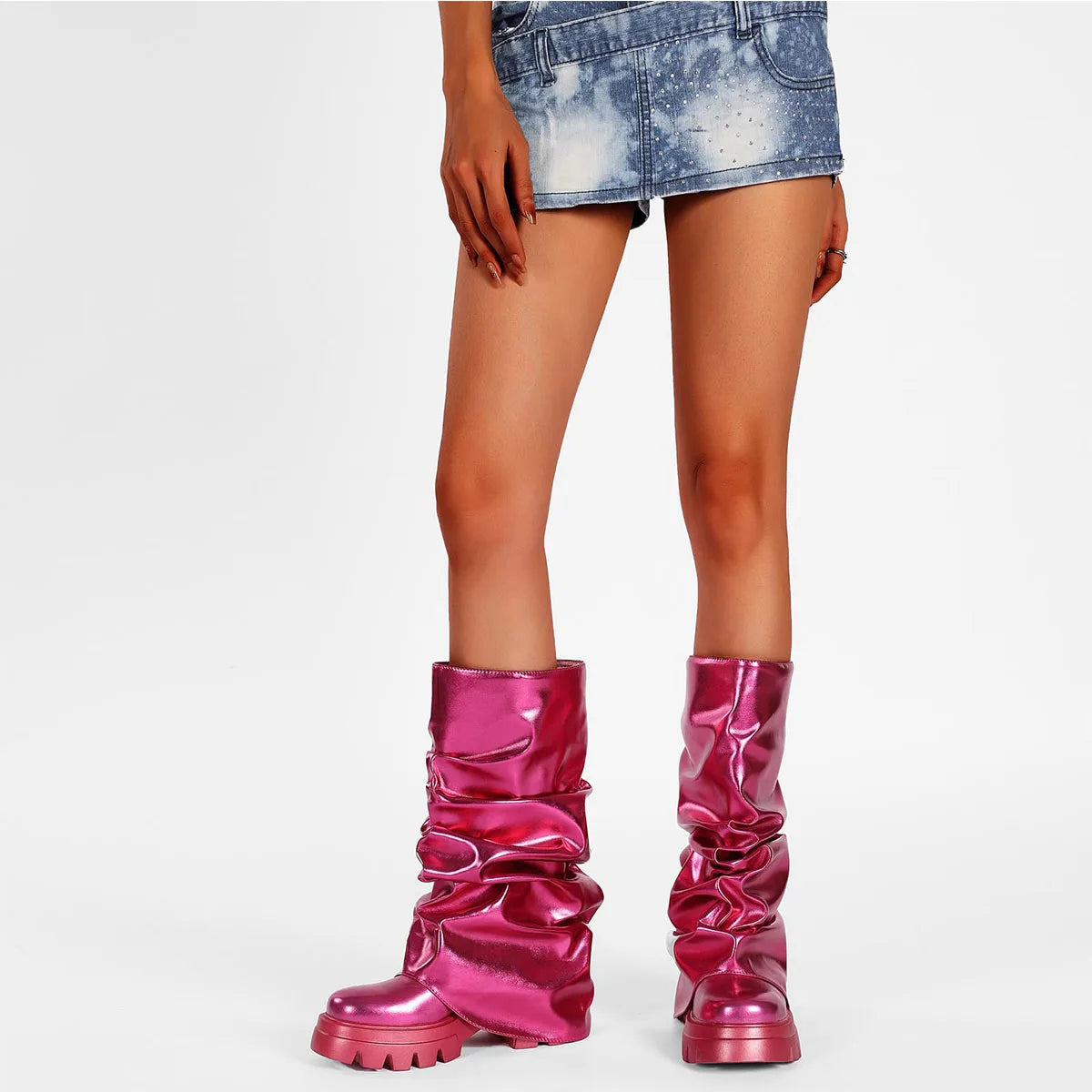Punk Gothic Women Fold Over Boots Metallic Platform Mid Calf Chunky High Heel Motorcycle Trendy Cool Fashion Combat Boots