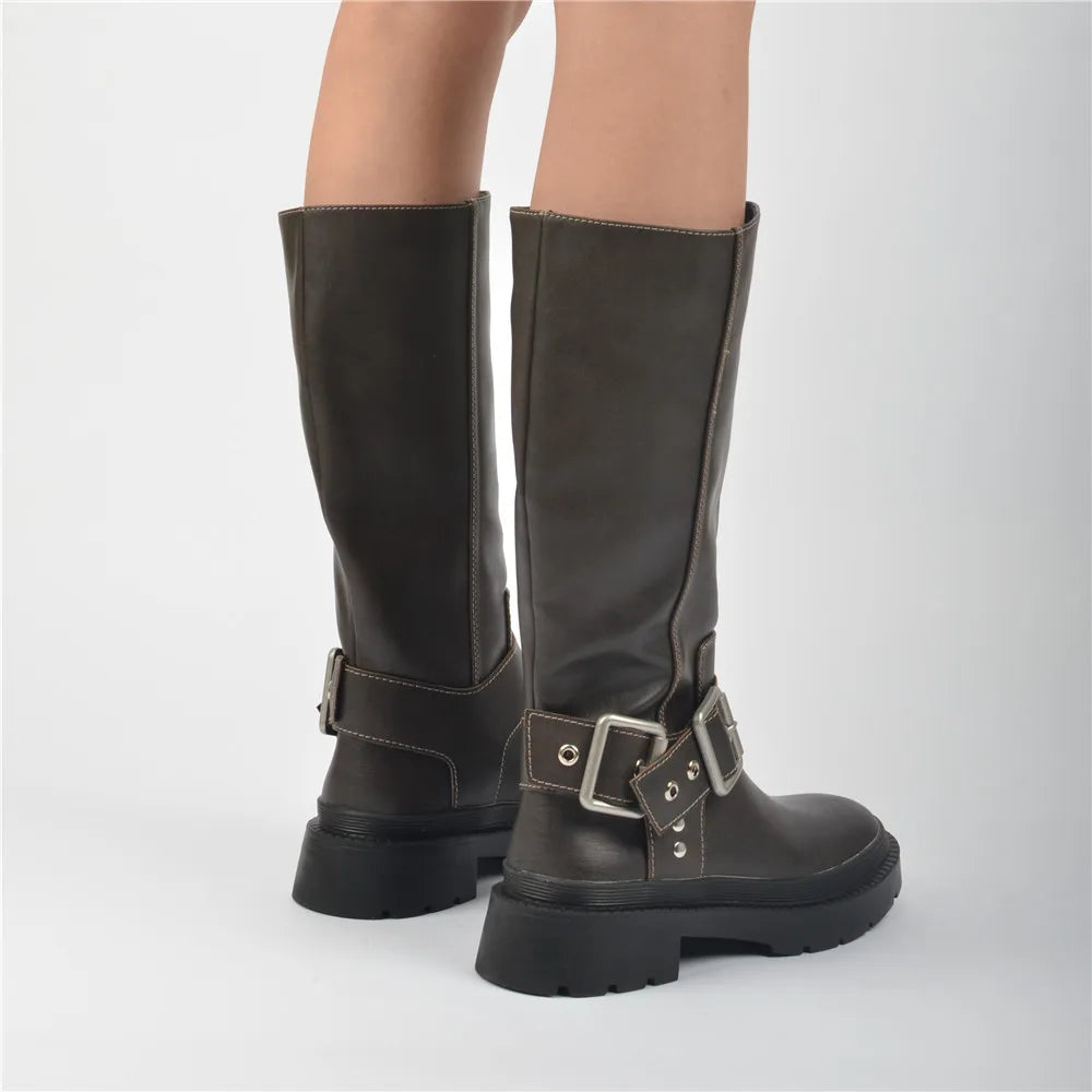 Classic Woman Winter Long Boots with Buckle Strap Fashion Knight Mid-calf Women Boots Soft Leather Non-slip Booties Shoes