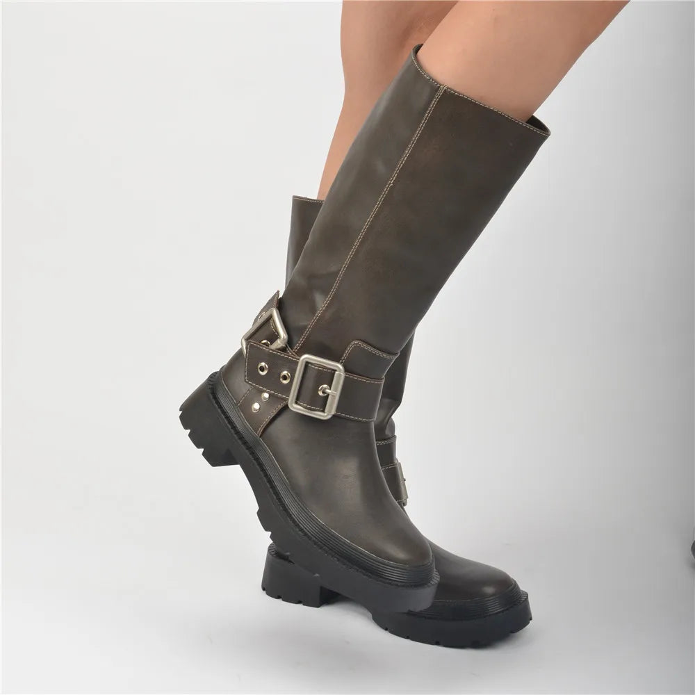 Classic Woman Winter Long Boots with Buckle Strap Fashion Knight Mid-calf Women Boots Soft Leather Non-slip Booties Shoes