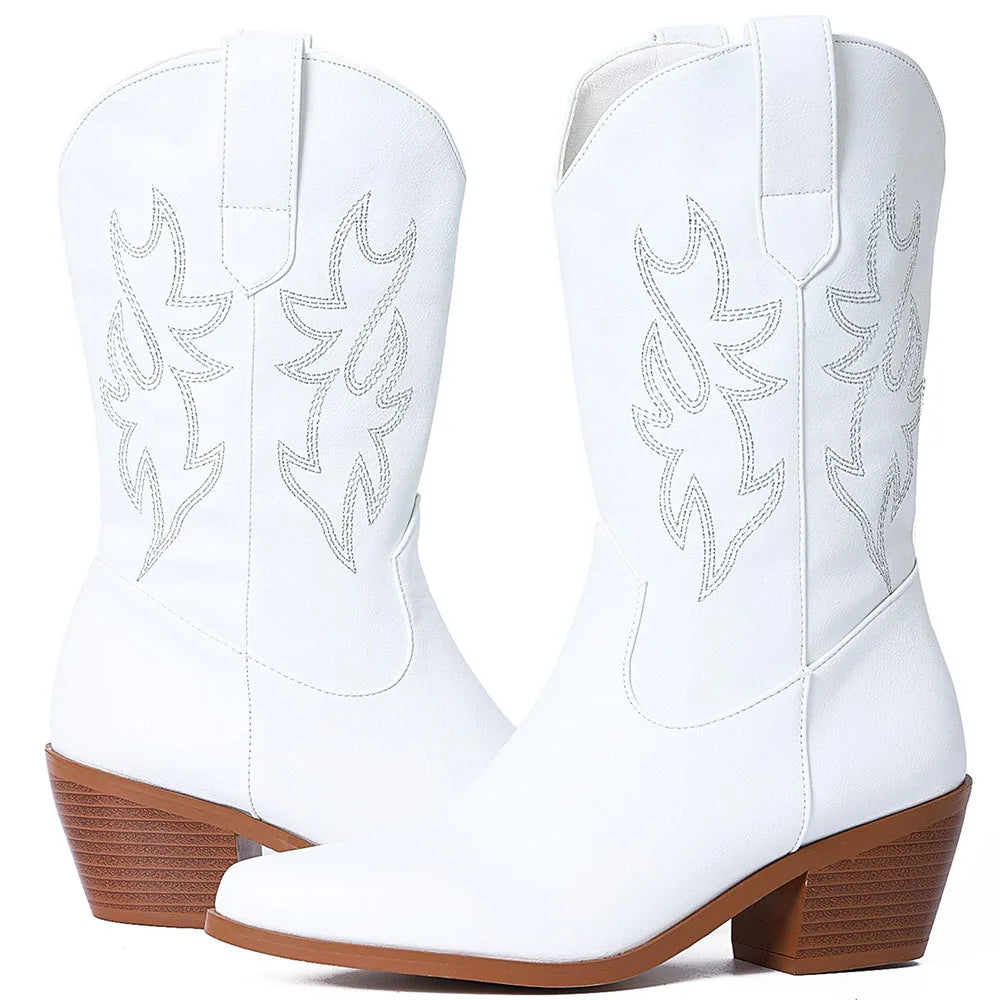 DoraTasia Retro Embroidered Cowgirl Ankle Western Boots Pointed Toe Chunky Mid-Heel Shoes Leisure All-Match Boots For Woman