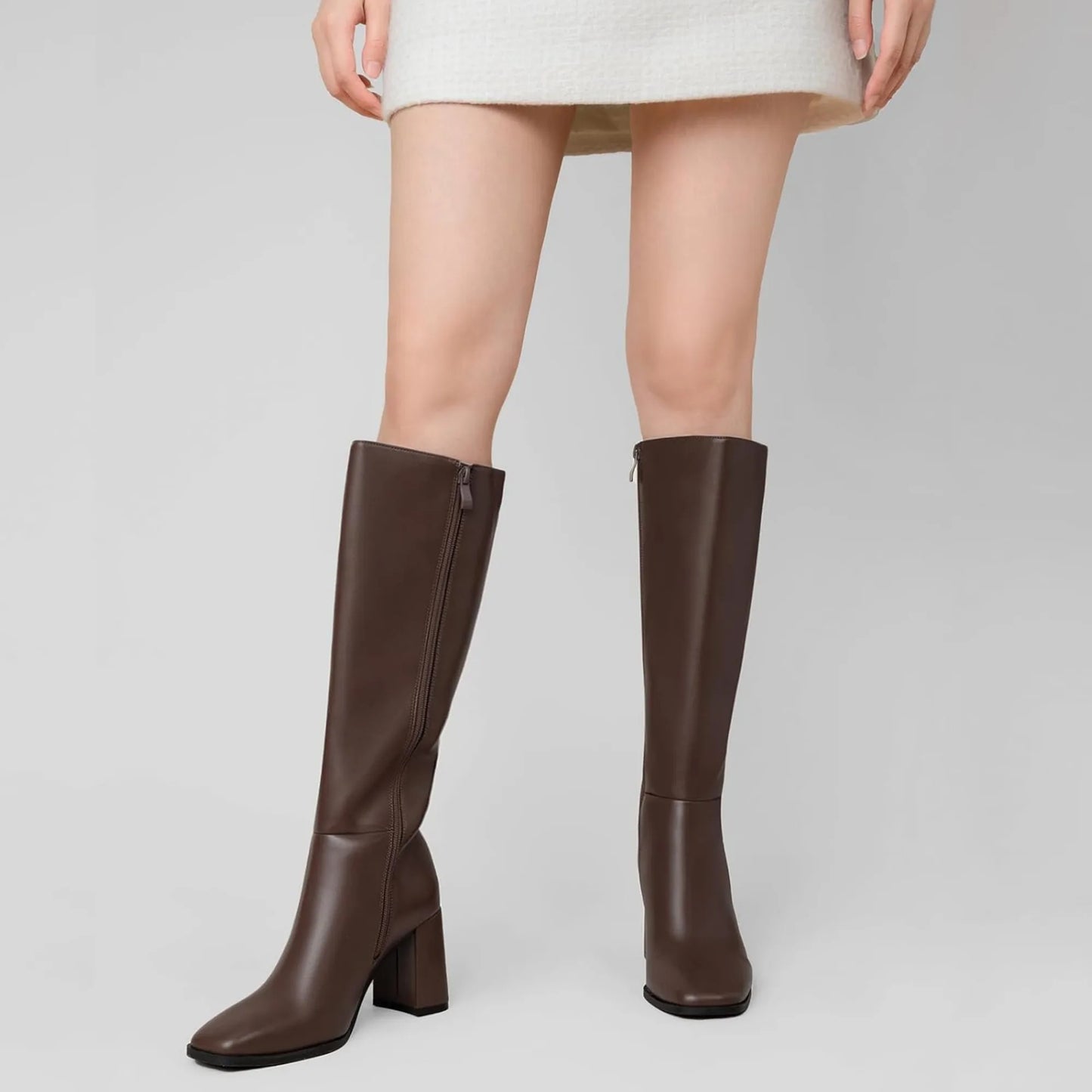 Women's Knee High Boots Fashion Chunky Heel Square Toe Tall Boots Side Zipper Long Boots