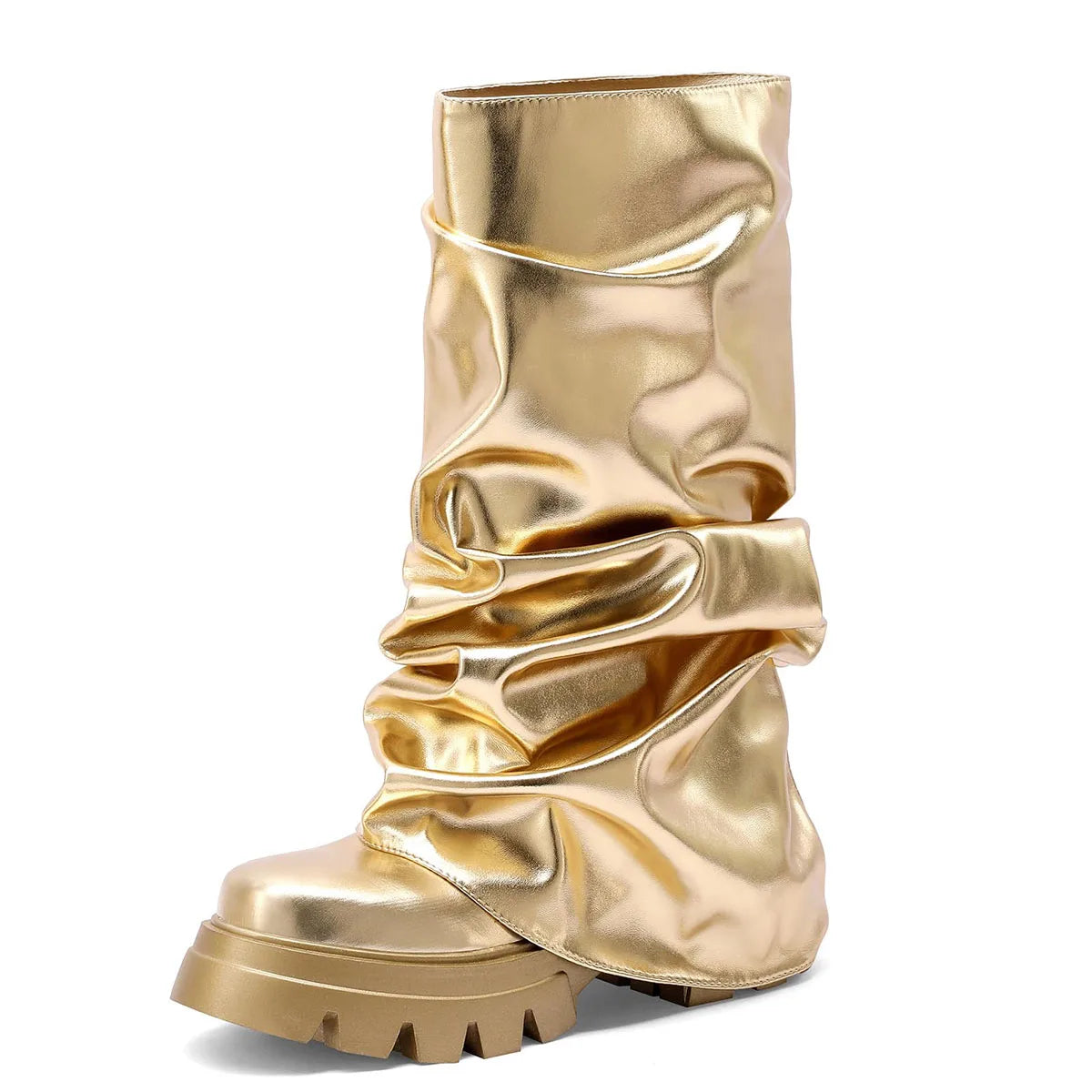 Punk Gothic Women Fold Over Boots Metallic Platform Mid Calf Chunky High Heel Motorcycle Trendy Cool Fashion Combat Boots