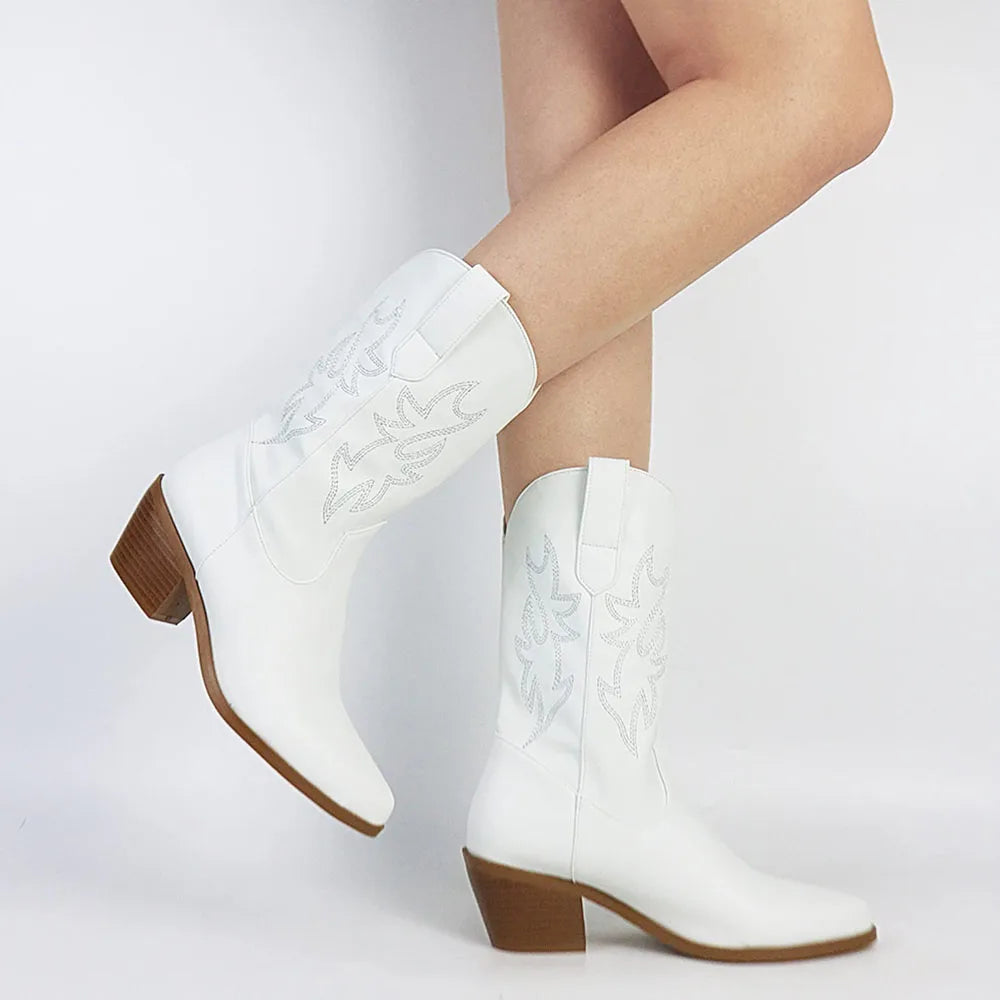 DoraTasia Retro Embroidered Cowgirl Ankle Western Boots Pointed Toe Chunky Mid-Heel Shoes Leisure All-Match Boots For Woman