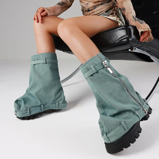 Punk Women's Fold Over Boots Slouchy Boots Wide Calf Pleated Platform Denim Boots Chunky Stacked Boots Mid Calf Boots Women