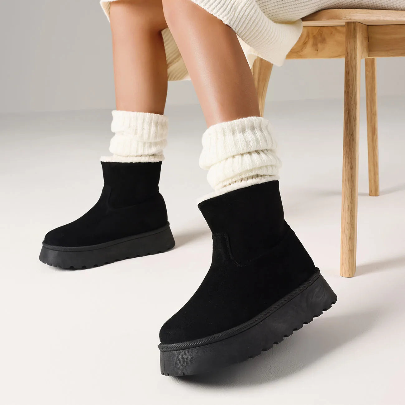 GIGIFOX Women Winter Mini Boots Faux Fur Suede Platform Round Toe Short Plush Slip-on Shoes Winter Warm Outdoor Ankle Snow Boots