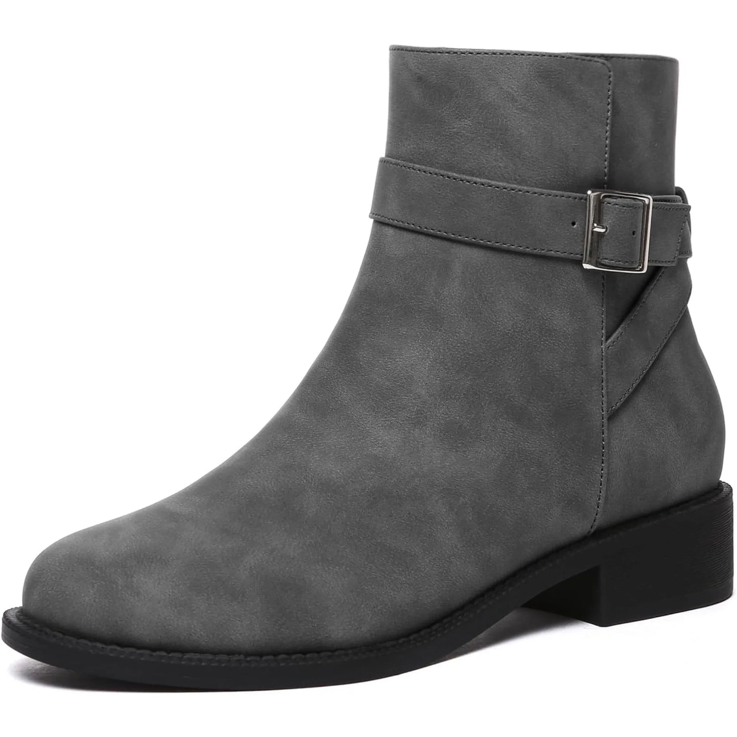 Women's Ankle Boots Chunky Low Heel Fashion Round Toe Side Zipper Buckle Booties