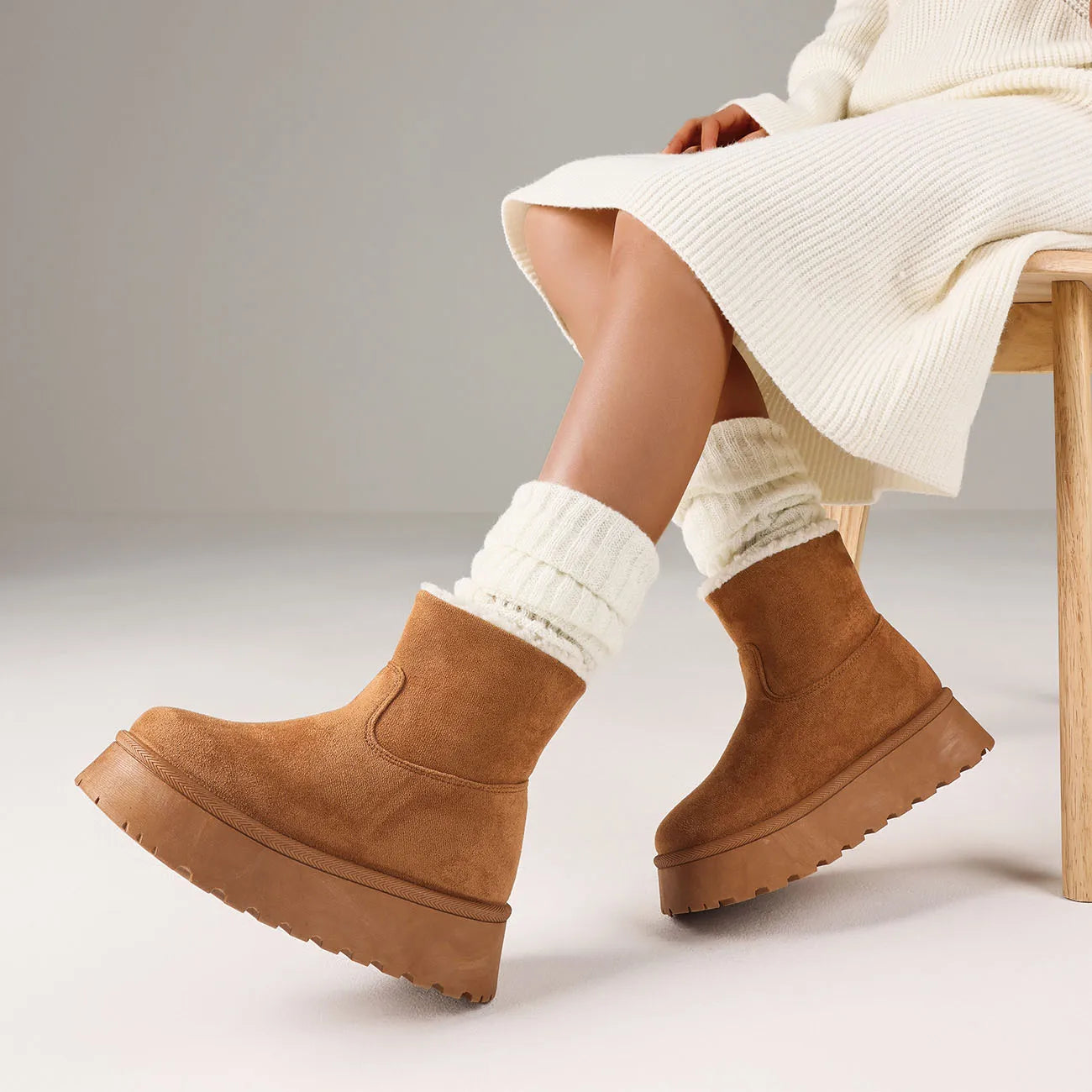 GIGIFOX Women Winter Mini Boots Faux Fur Suede Platform Round Toe Short Plush Slip-on Shoes Winter Warm Outdoor Ankle Snow Boots