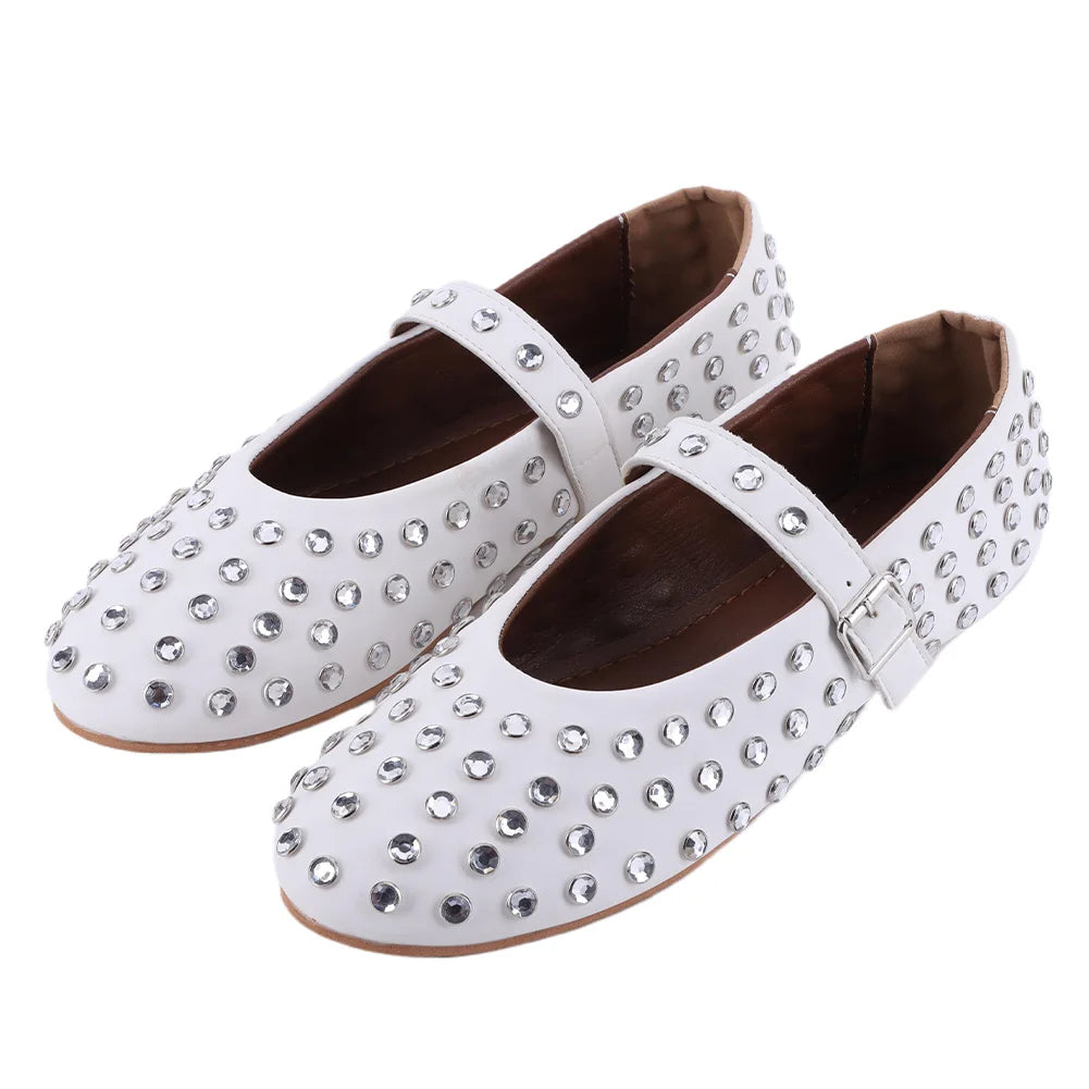 Women Shiny Rhinestone Shoes with Buckle Strap Rhinestone Ballet Flats Round Toe Dancing Shoes Comfortable Female Casual Shoes