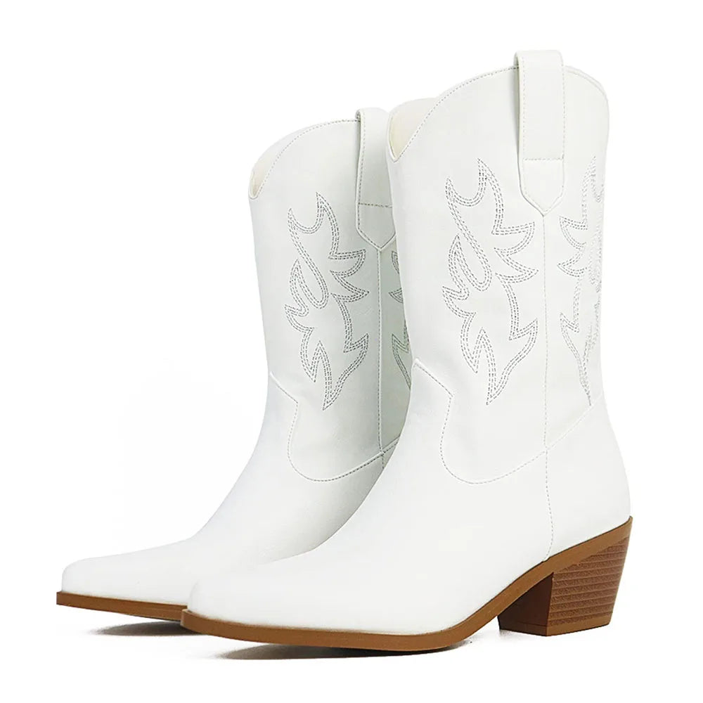 DoraTasia Retro Embroidered Cowgirl Ankle Western Boots Pointed Toe Chunky Mid-Heel Shoes Leisure All-Match Boots For Woman
