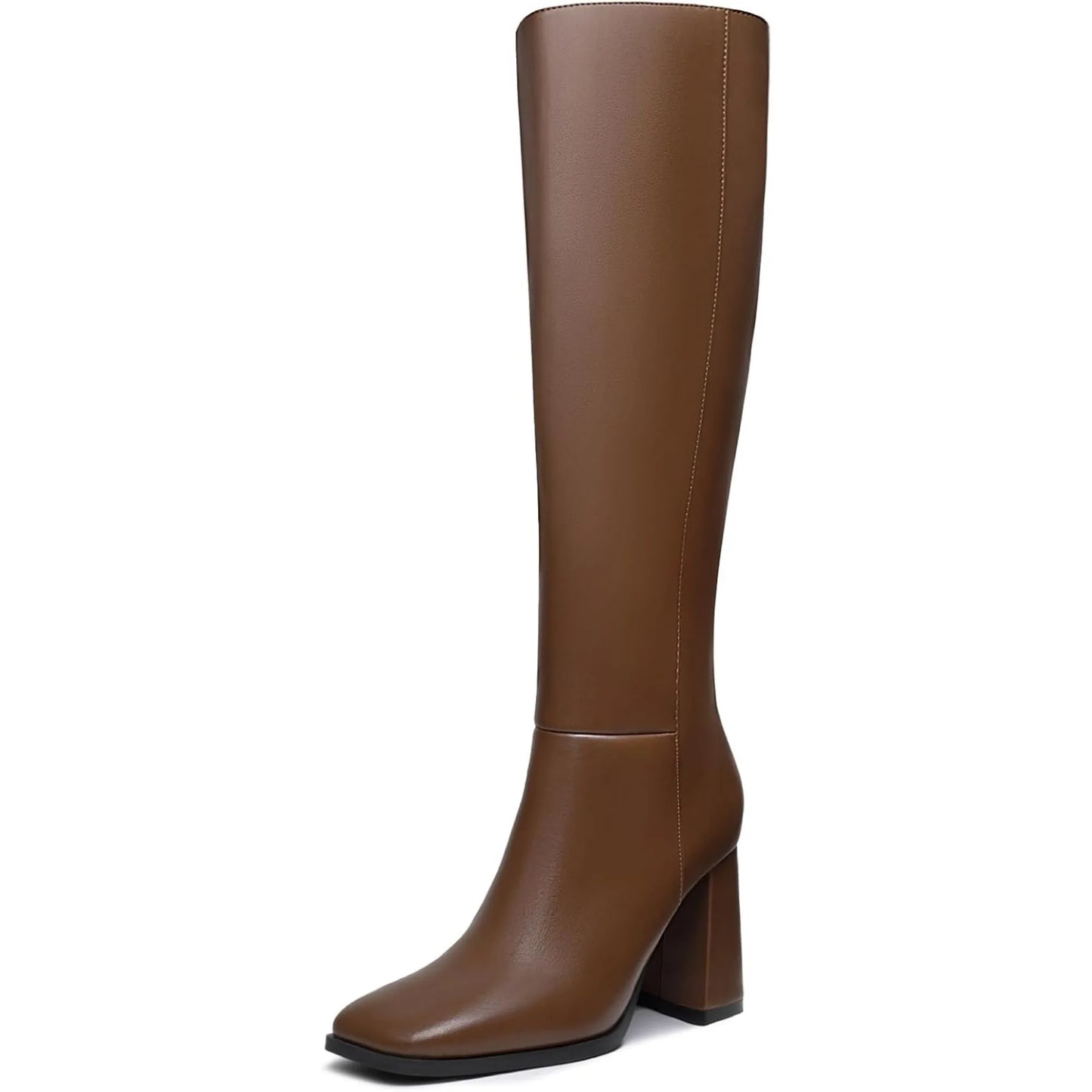 Women's Knee High Boots Fashion Chunky Heel Square Toe Tall Boots Side Zipper Long Boots