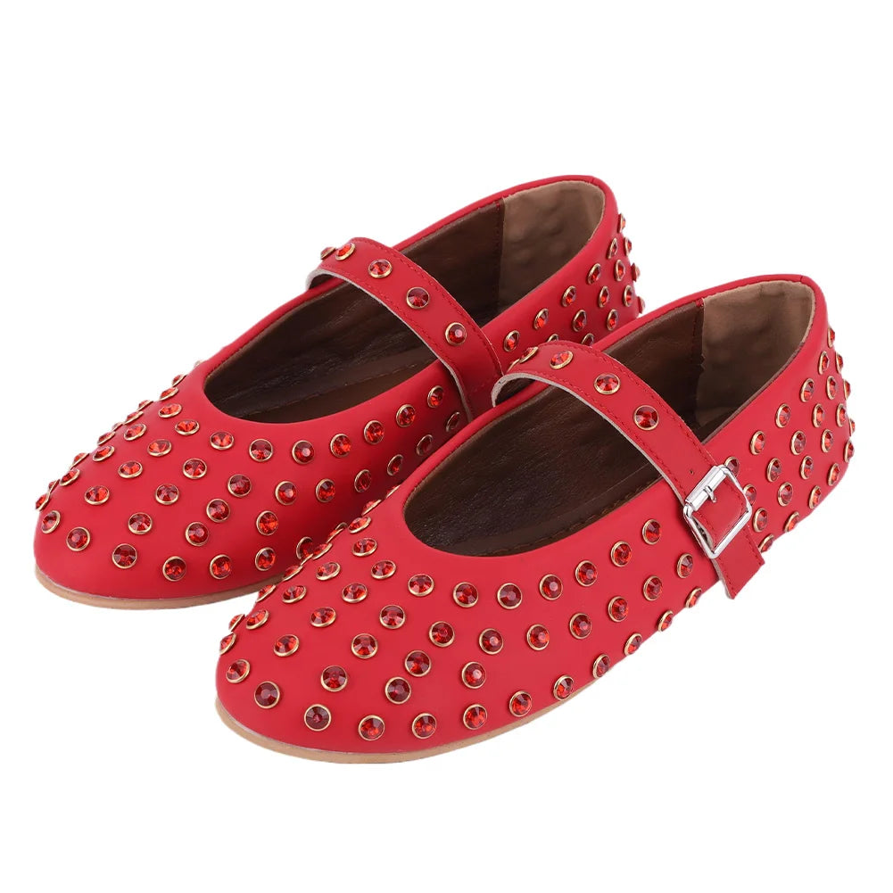 Women Shiny Rhinestone Shoes with Buckle Strap Rhinestone Ballet Flats Round Toe Dancing Shoes Comfortable Female Casual Shoes