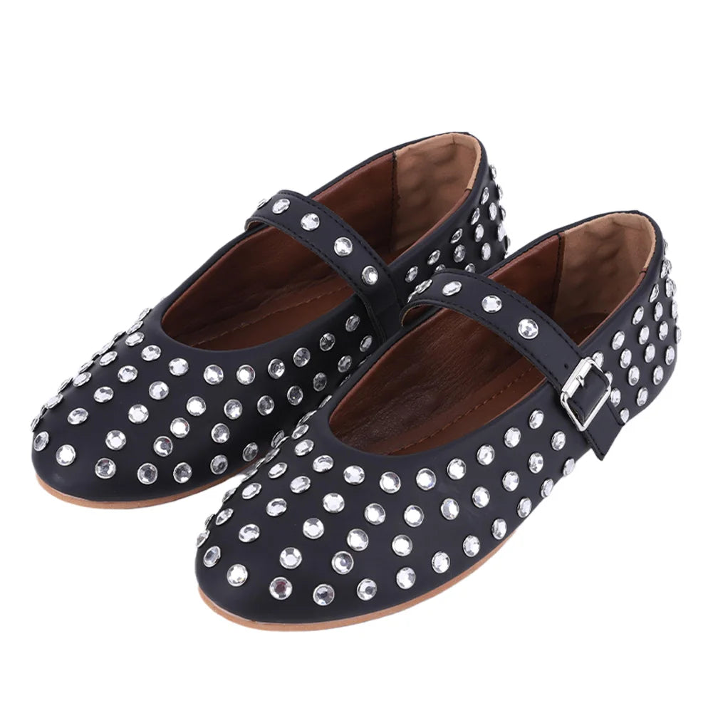Women Shiny Rhinestone Shoes with Buckle Strap Rhinestone Ballet Flats Round Toe Dancing Shoes Comfortable Female Casual Shoes