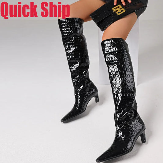 Sexy Women's Over Knee High Boots Black Square Toe Kitten Heel Knee High Boots Luxury Nightclub Boots Women