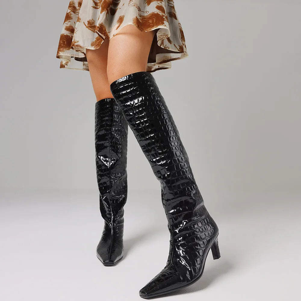 Sexy Women's Over Knee High Boots Black Square Toe Kitten Heel Knee High Boots Luxury Nightclub Boots Women