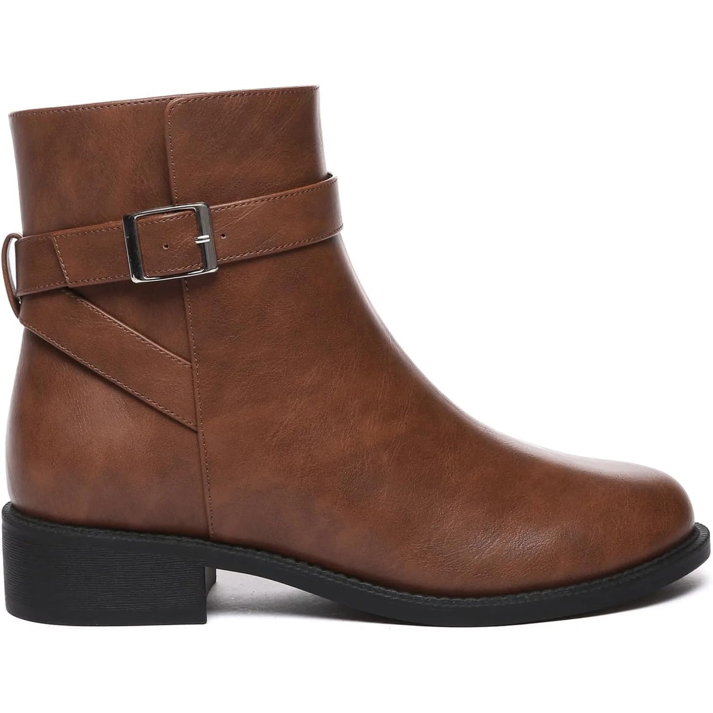 Women's Ankle Boots Chunky Low Heel Fashion Round Toe Side Zipper Buckle Booties