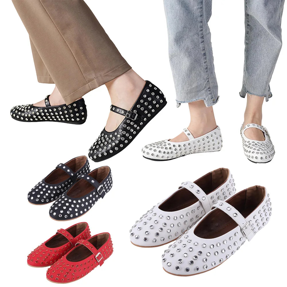 Women Shiny Rhinestone Shoes with Buckle Strap Rhinestone Ballet Flats Round Toe Dancing Shoes Comfortable Female Casual Shoes