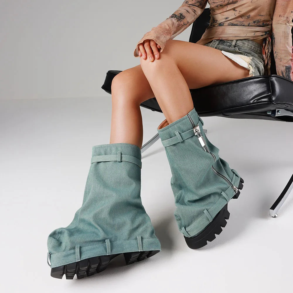 Punk Women's Fold Over Boots Slouchy Boots Wide Calf Pleated Platform Denim Boots Chunky Stacked Boots Mid Calf Boots Women