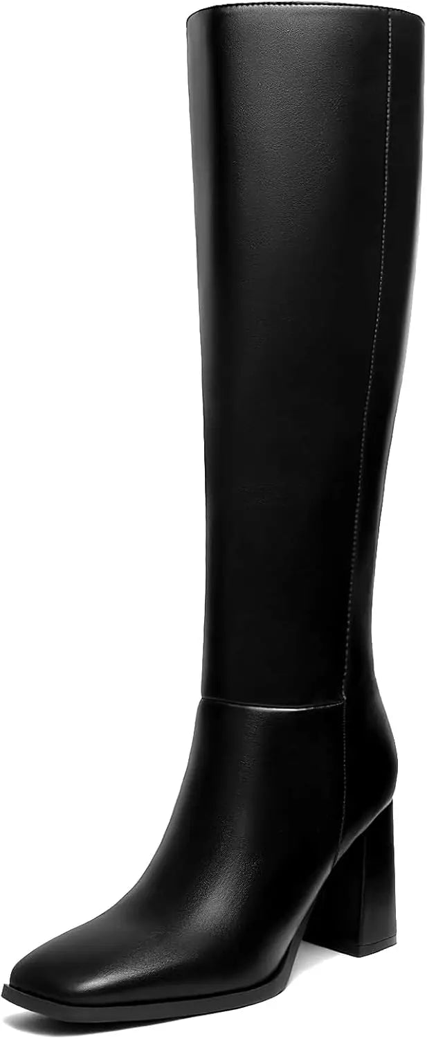 Women's Knee High Boots Fashion Chunky Heel Square Toe Tall Boots Side Zipper Long Boots