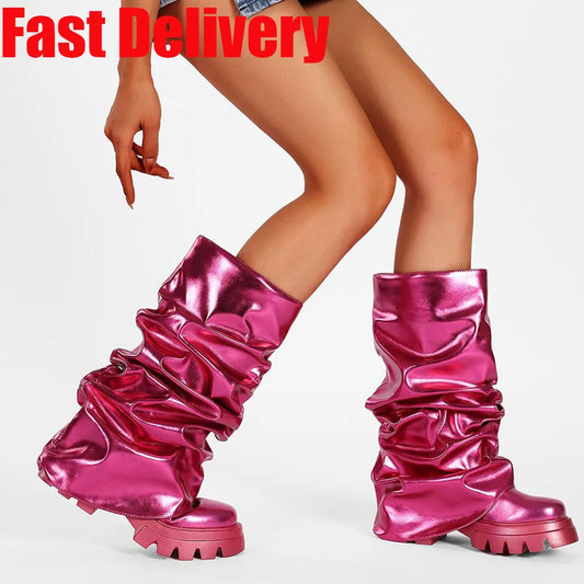 Punk Gothic Women Fold Over Boots Metallic Platform Mid Calf Chunky High Heel Motorcycle Trendy Cool Fashion Combat Boots
