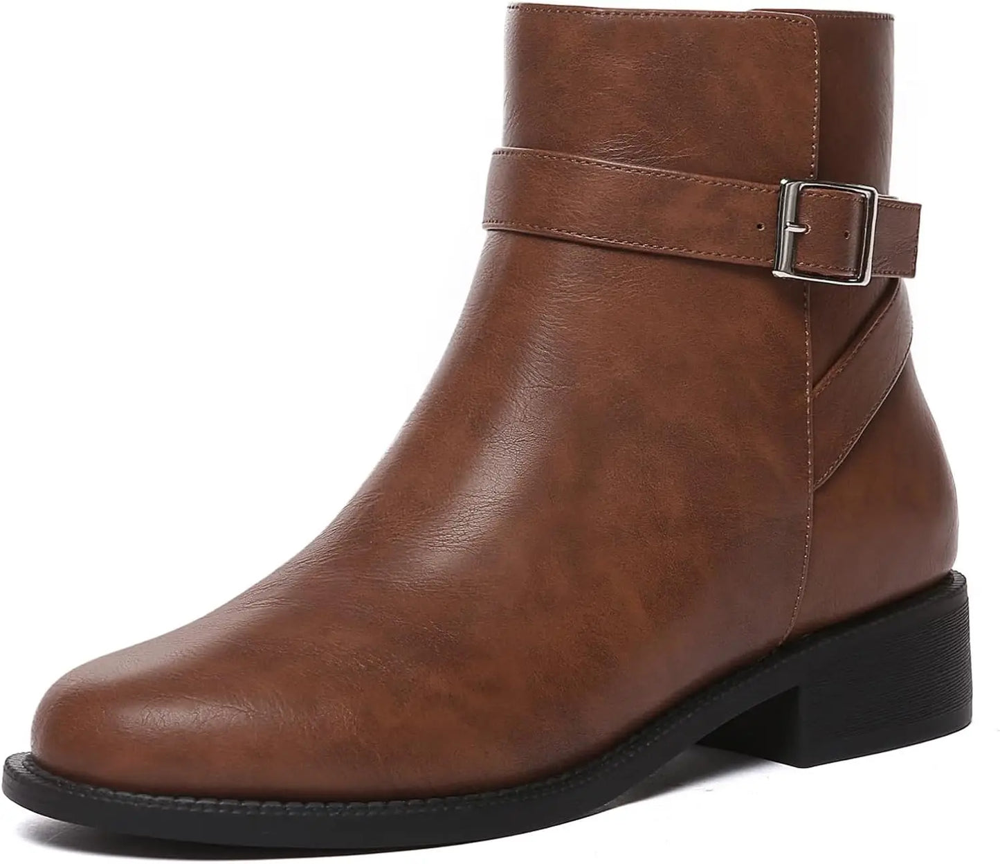 Women's Ankle Boots Chunky Low Heel Fashion Round Toe Side Zipper Buckle Booties