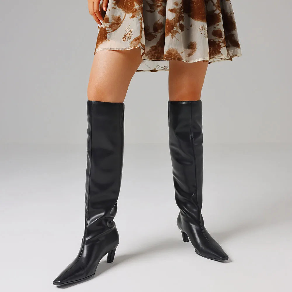 Sexy Women's Over Knee High Boots Black Square Toe Kitten Heel Knee High Boots Luxury Nightclub Boots Women