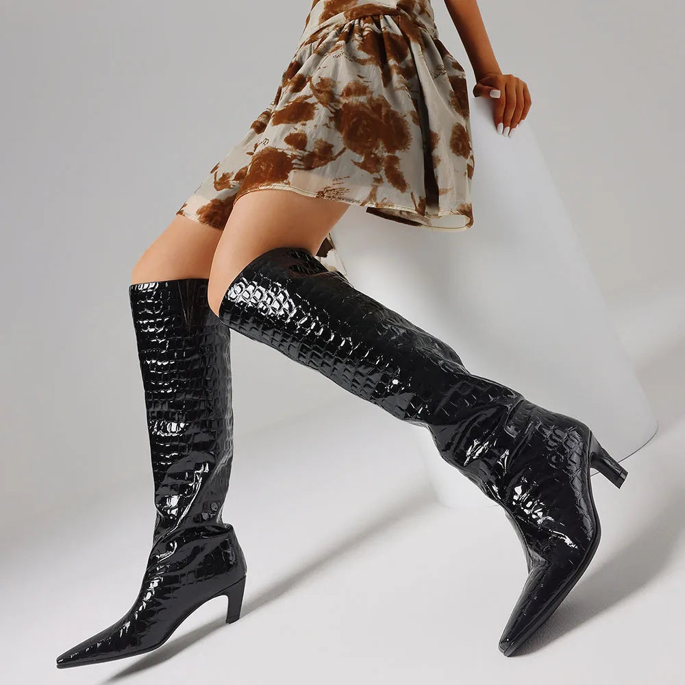 Sexy Women's Over Knee High Boots Black Square Toe Kitten Heel Knee High Boots Luxury Nightclub Boots Women