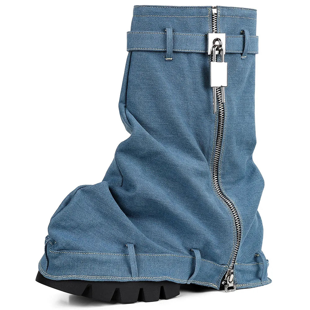 Punk Women's Fold Over Boots Slouchy Boots Wide Calf Pleated Platform Denim Boots Chunky Stacked Boots Mid Calf Boots Women