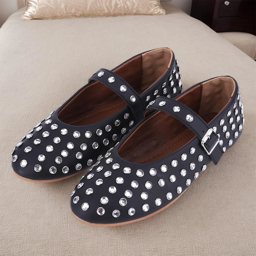 Women Shiny Rhinestone Shoes with Buckle Strap Rhinestone Ballet Flats Round Toe Dancing Shoes Comfortable Female Casual Shoes