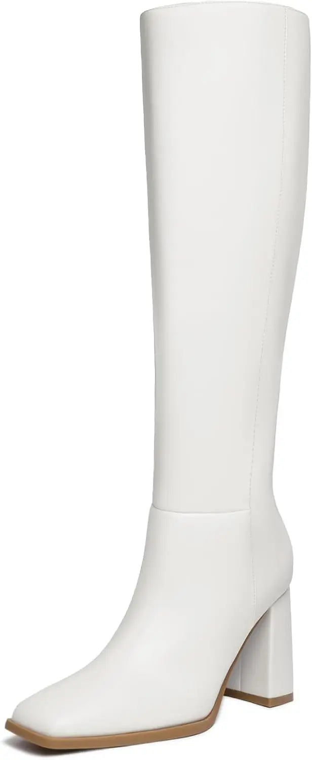 Women's Knee High Boots Fashion Chunky Heel Square Toe Tall Boots Side Zipper Long Boots