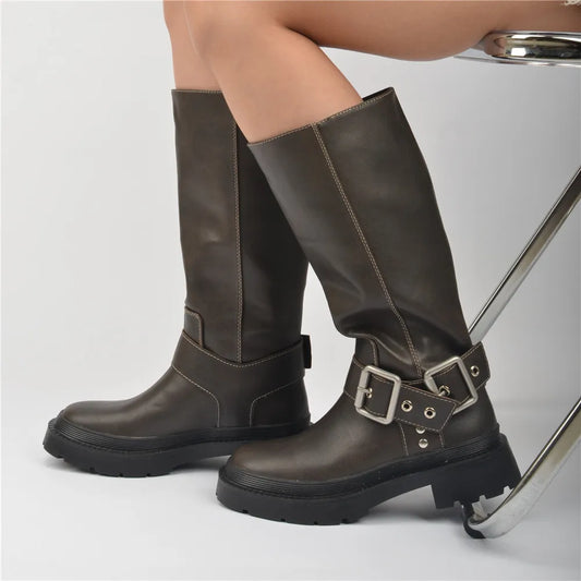 Classic Woman Winter Long Boots with Buckle Strap Fashion Knight Mid-calf Women Boots Soft Leather Non-slip Booties Shoes