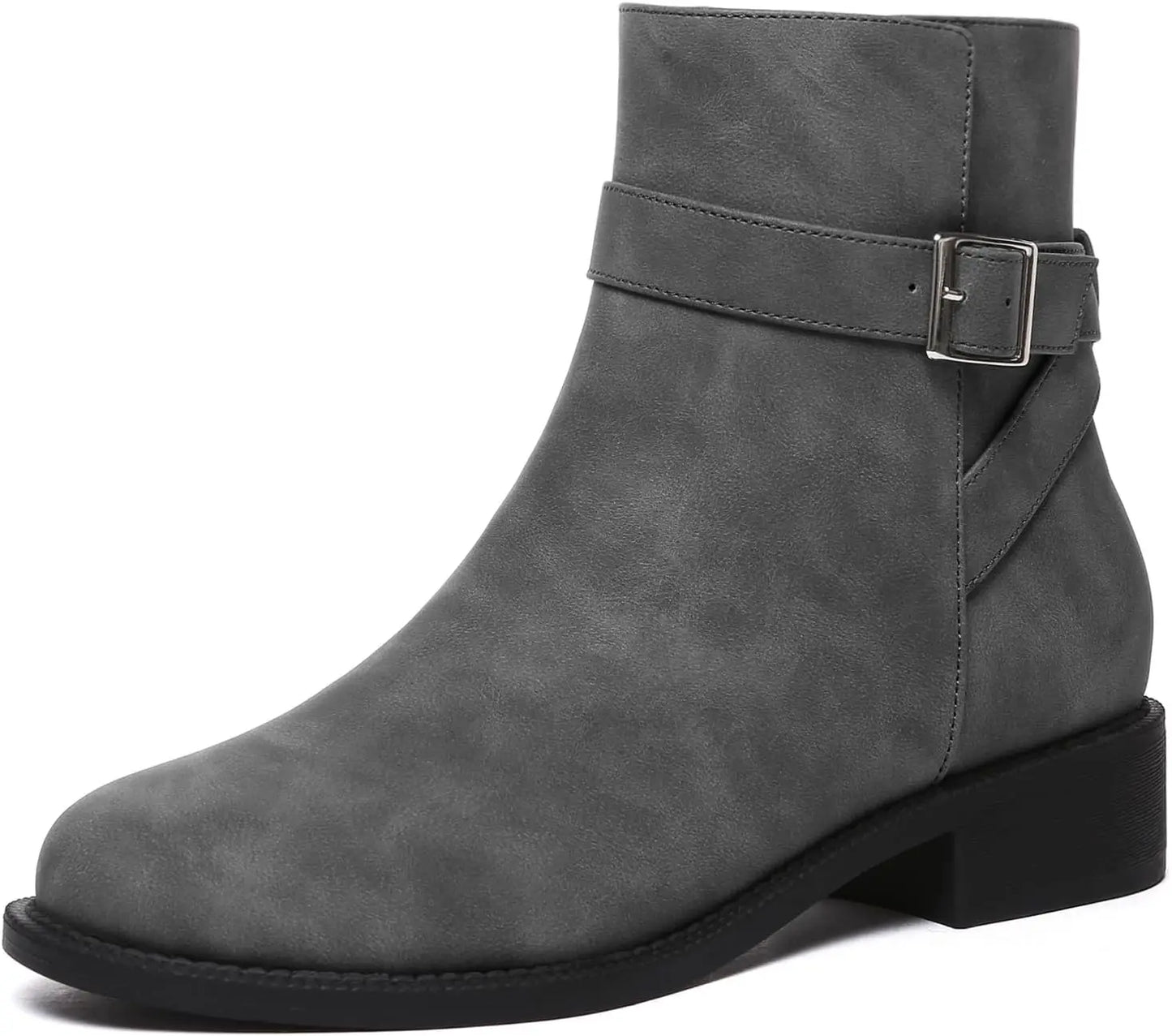 Women's Ankle Boots Chunky Low Heel Fashion Round Toe Side Zipper Buckle Booties