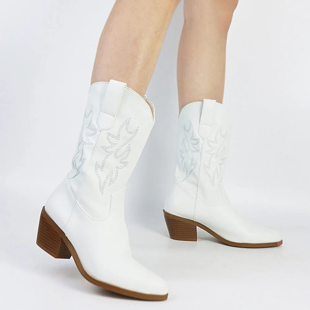 DoraTasia Retro Embroidered Cowgirl Ankle Western Boots Pointed Toe Chunky Mid-Heel Shoes Leisure All-Match Boots For Woman