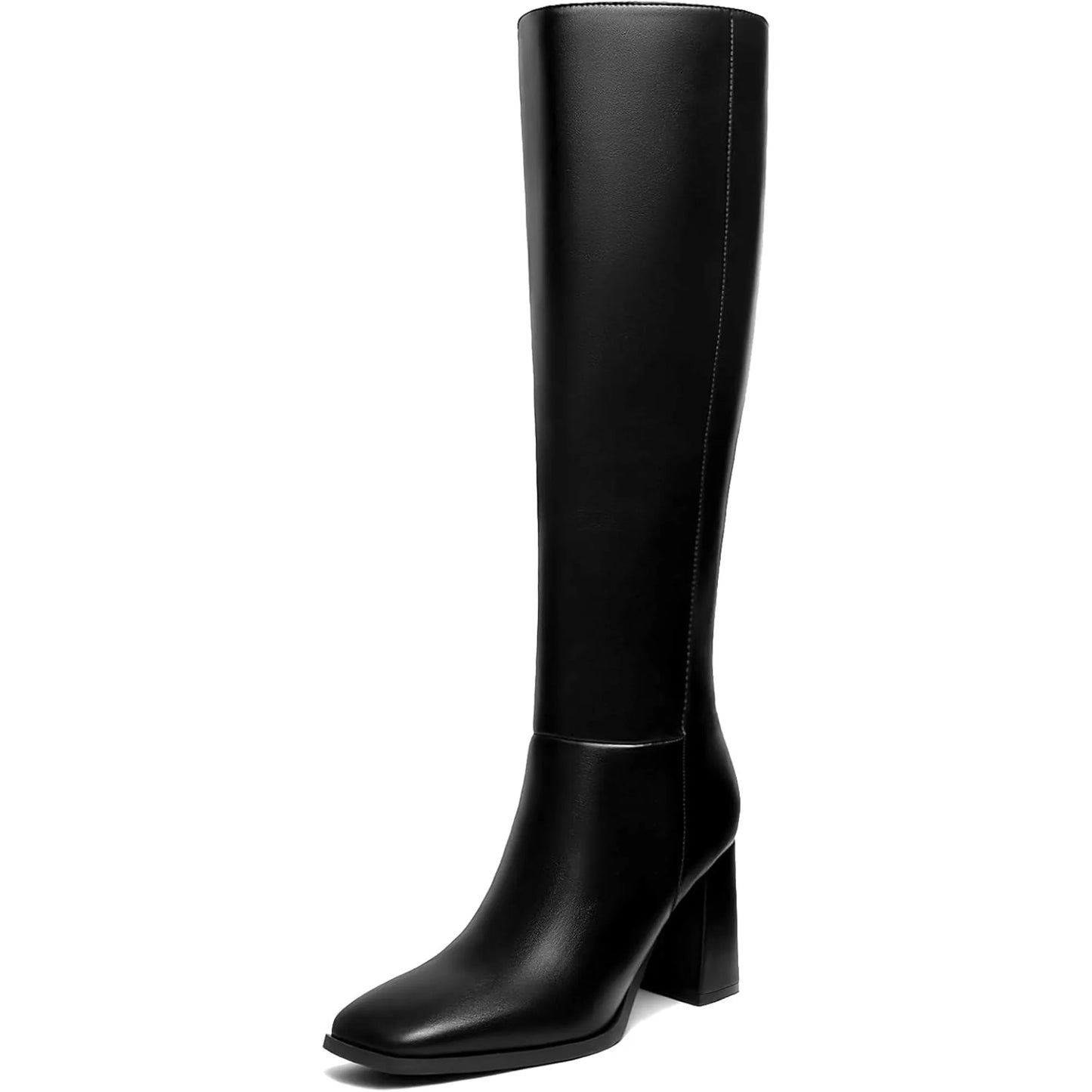 Women's Knee High Boots Fashion Chunky Heel Square Toe Tall Boots Side Zipper Long Boots