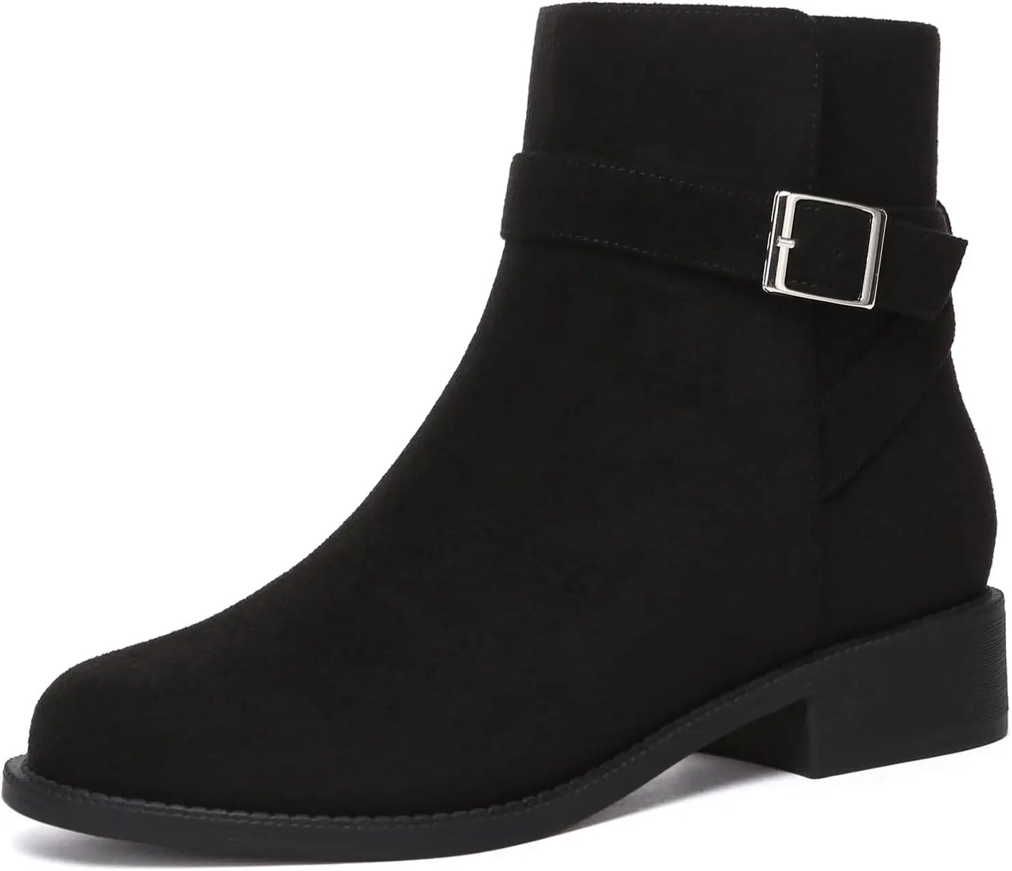 Women's Ankle Boots Chunky Low Heel Fashion Round Toe Side Zipper Buckle Booties