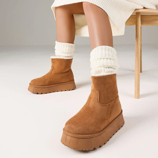 GIGIFOX Women Winter Mini Boots Faux Fur Suede Platform Round Toe Short Plush Slip-on Shoes Winter Warm Outdoor Ankle Snow Boots