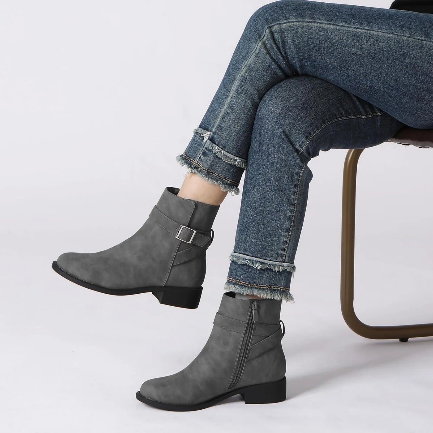 Women's Ankle Boots Chunky Low Heel Fashion Round Toe Side Zipper Buckle Booties