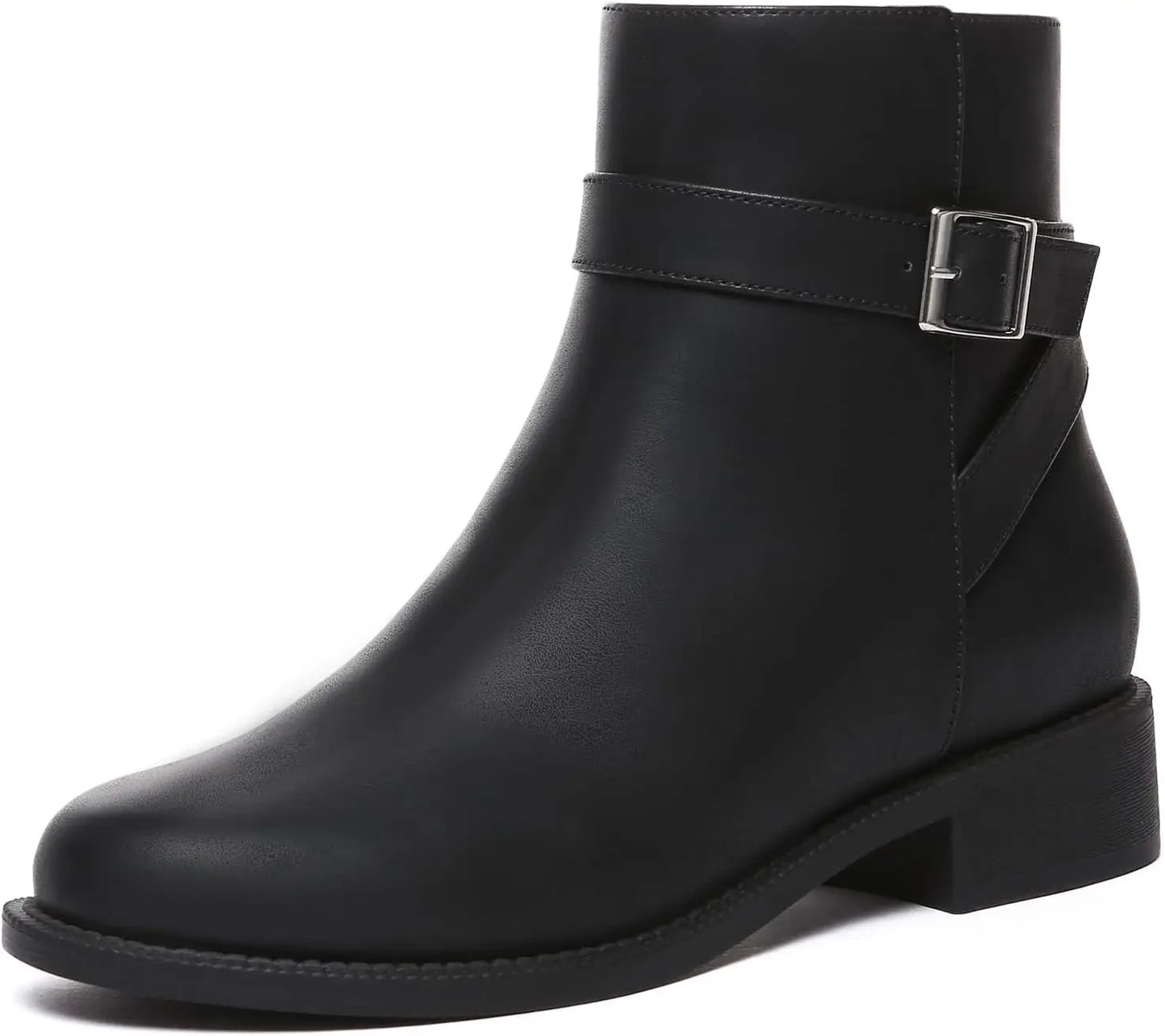 Women's Ankle Boots Chunky Low Heel Fashion Round Toe Side Zipper Buckle Booties