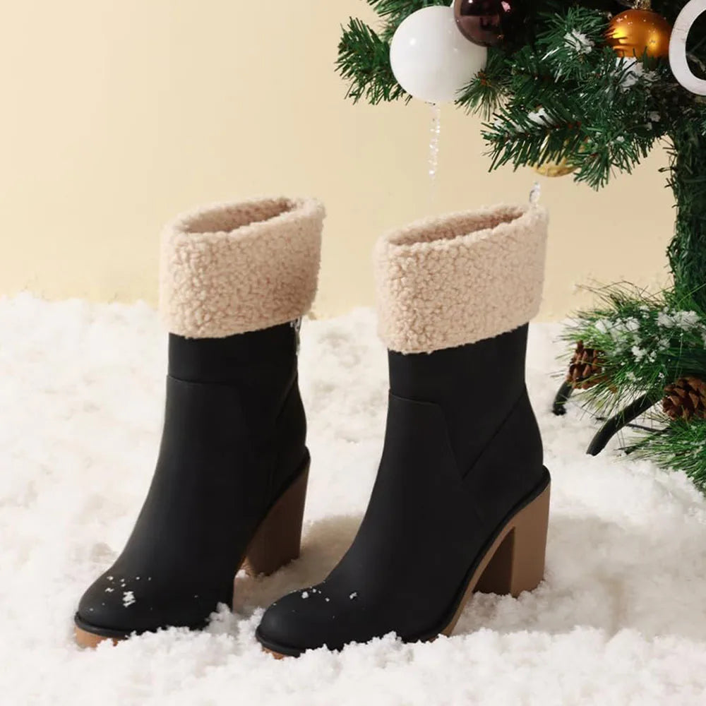 Winter Boots for Women Comfortable Side Zipper Mid Chunky Heel Suede Warm Fur Snow Ankle Boot Outdoor Party Shoes