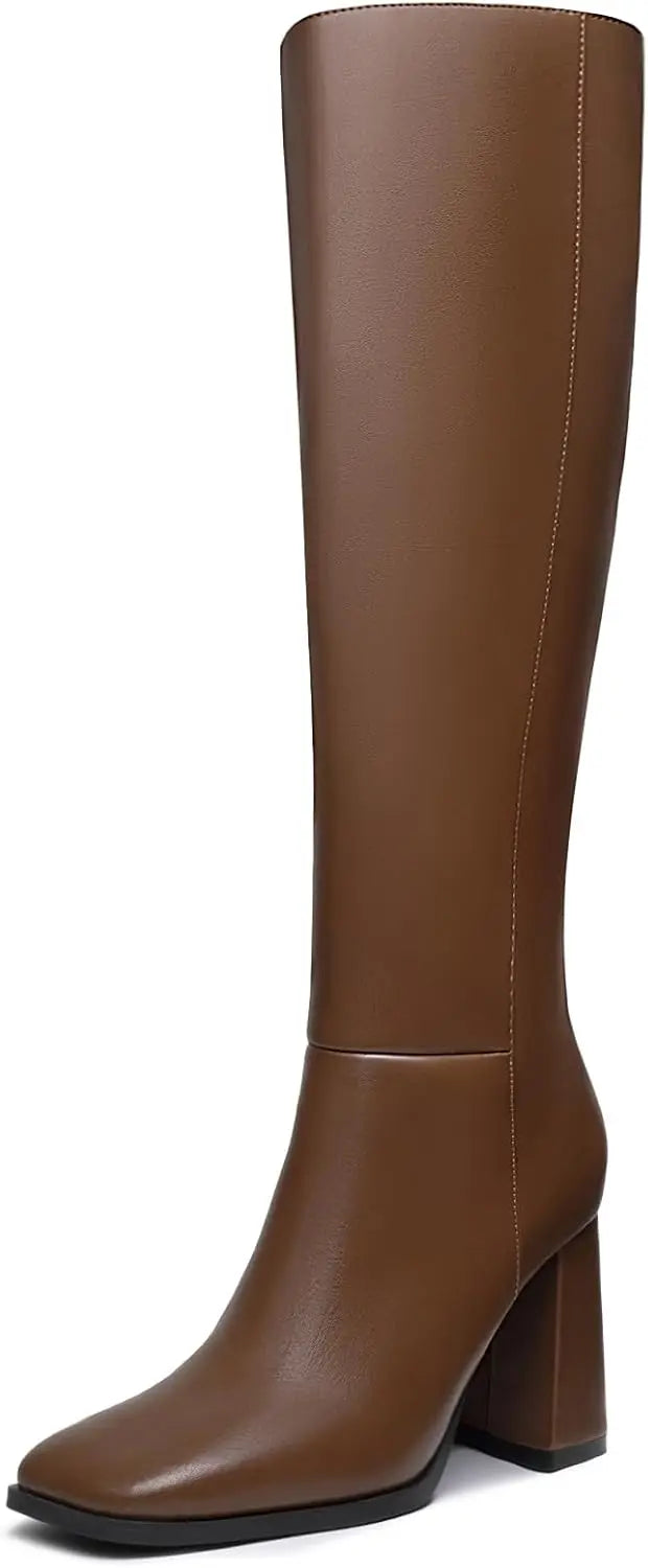 Women's Knee High Boots Fashion Chunky Heel Square Toe Tall Boots Side Zipper Long Boots