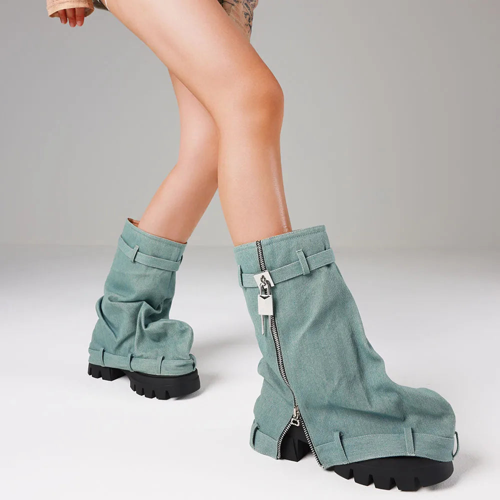 Punk Women's Fold Over Boots Slouchy Boots Wide Calf Pleated Platform Denim Boots Chunky Stacked Boots Mid Calf Boots Women
